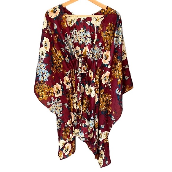 Umgee Hydrangea Fall Floral Kimono Topper. Sz S. Flowy. Long Line. Tie front. - Picture 1 of 9
